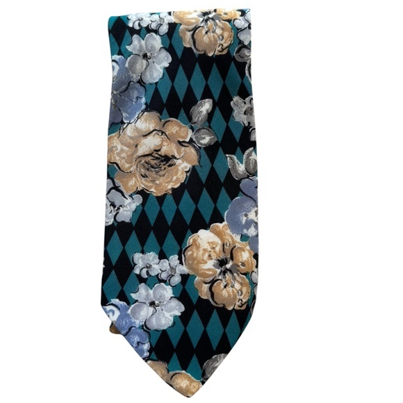 Geoffrey Beene Black Green Yellow Blue Silk Floral and Checkered Tie NWOT - Picture 1 of 13
